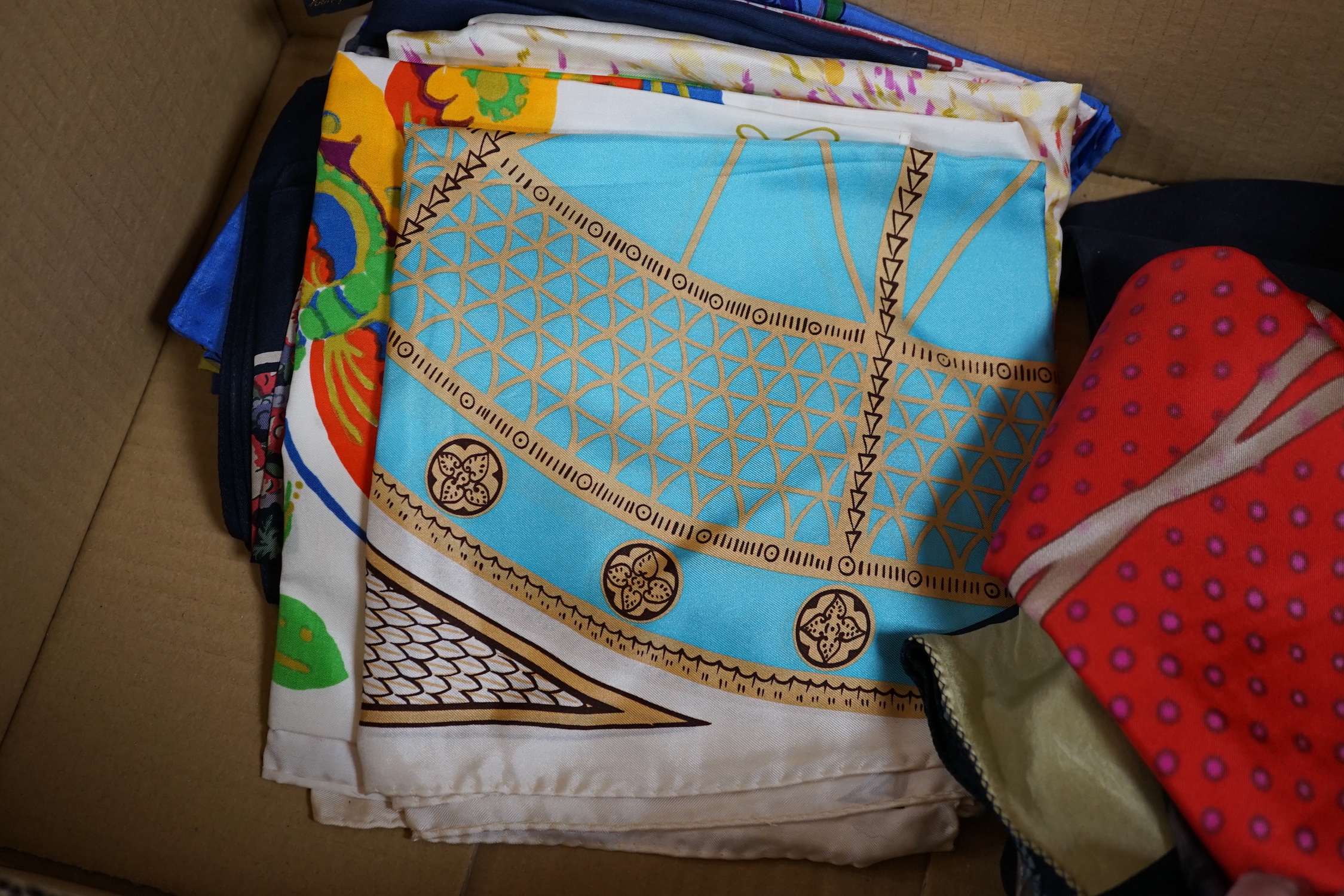 A group of silk and other scarves, kid gloves and three velvet ladies hats
